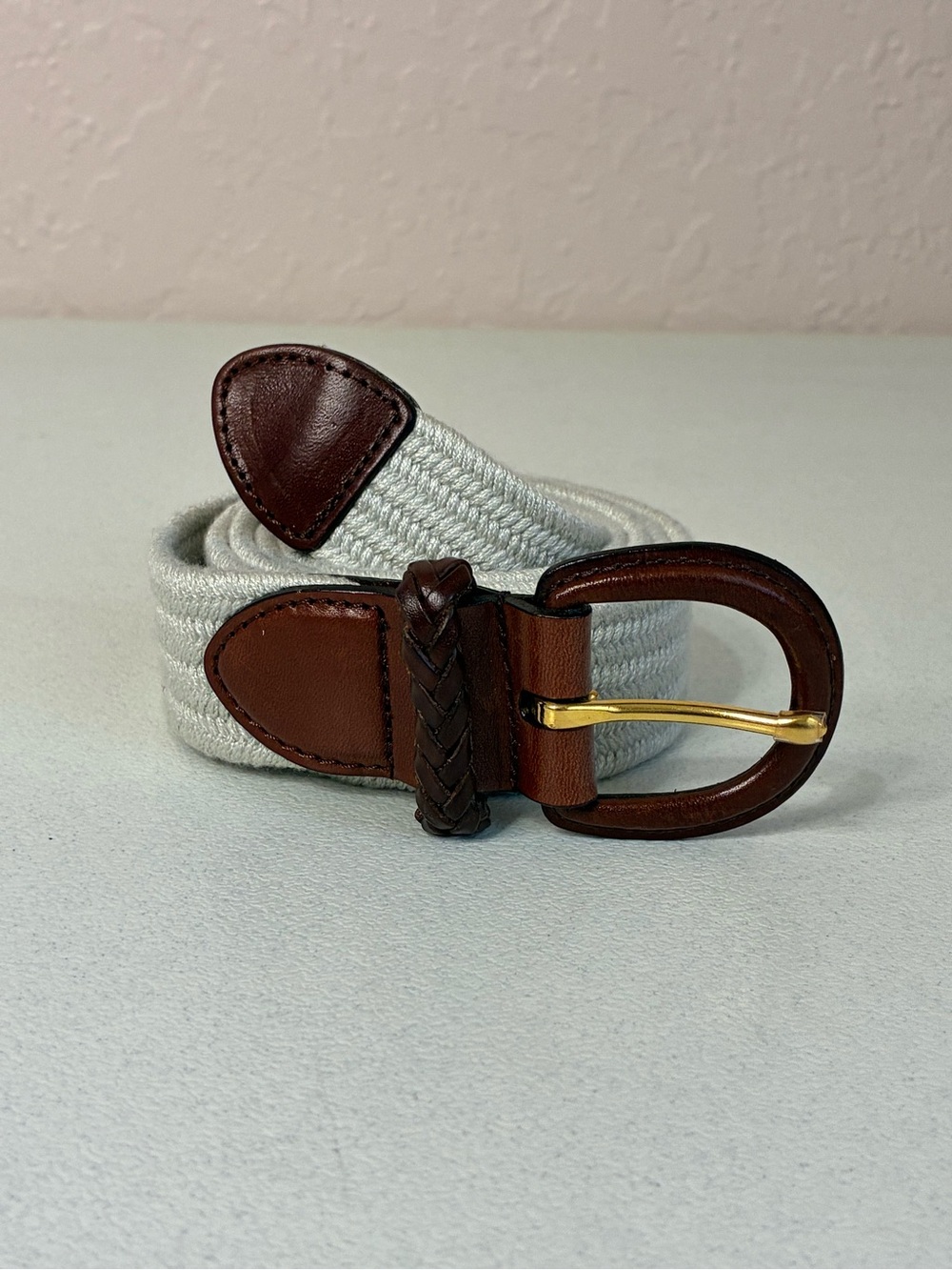Vintage Talbots Woven Stretch Belt Womens XL Beige With Leather Buckle Taiwan